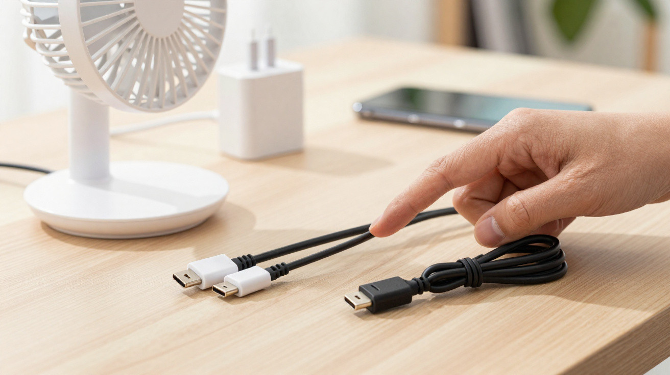 Hand reaching towards black cable with two white USB connectors on light wooden desk next to small fan and charger plug