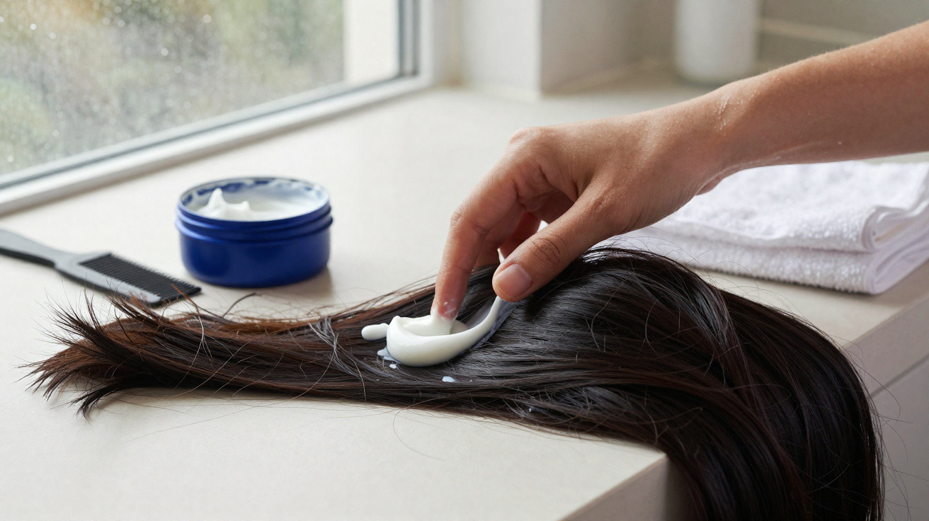Hand applying white hair treatment cream onto long dark hair on a bathroom counter near a comb and towels.