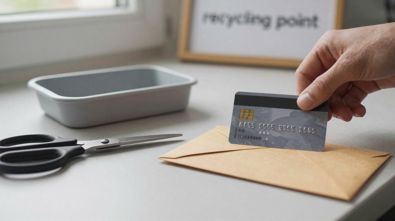 Hand placing a credit card into a brown envelope on a desk with scissors and a tray nearby.