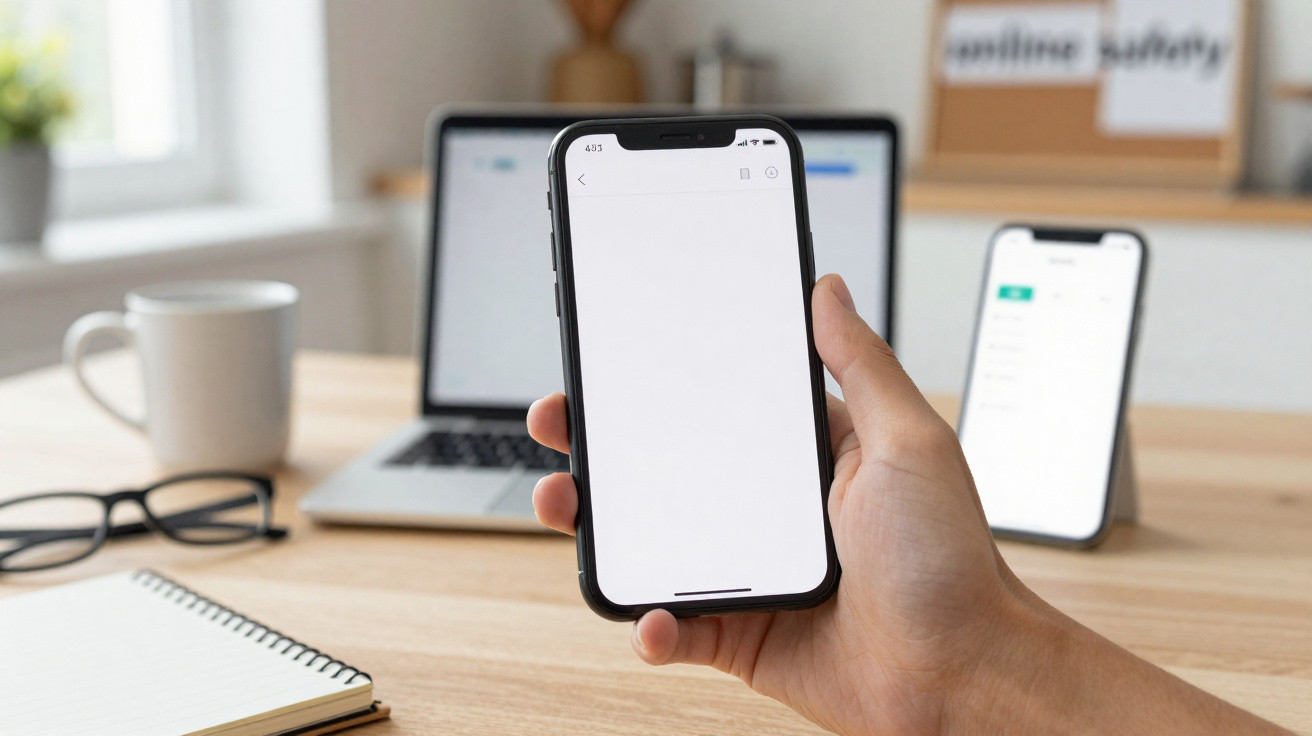 Hand holding smartphone with blank screen, laptop, tablet, notebook, glasses, and mug on wooden desk.