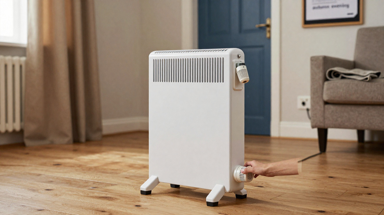 Person adjusting the temperature dial on a white electric heater in a living room with wooden floors.