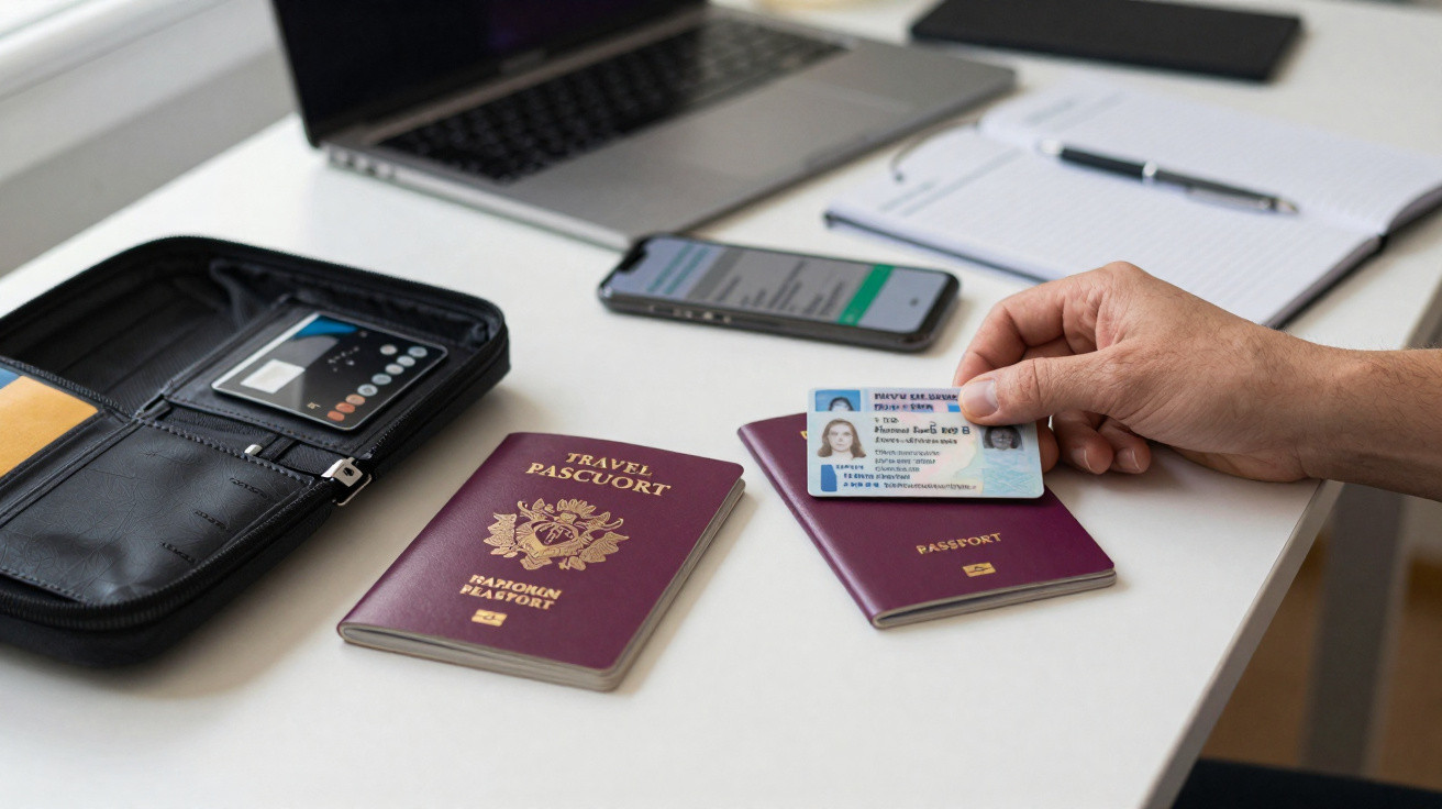 Hand holding an ID card over two passports on a desk with a wallet, smartphone, and laptop in the background.