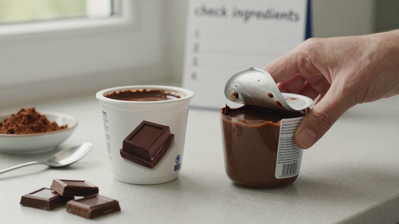 Hand holding open pot of chocolate pudding next to unopened pot with chocolate pieces and cocoa powder nearby on counter.