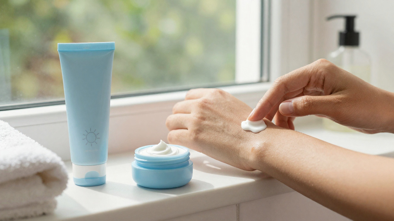 Person applying white cream on the back of their hand with blue skincare tubes and a towel on a windowsill.
