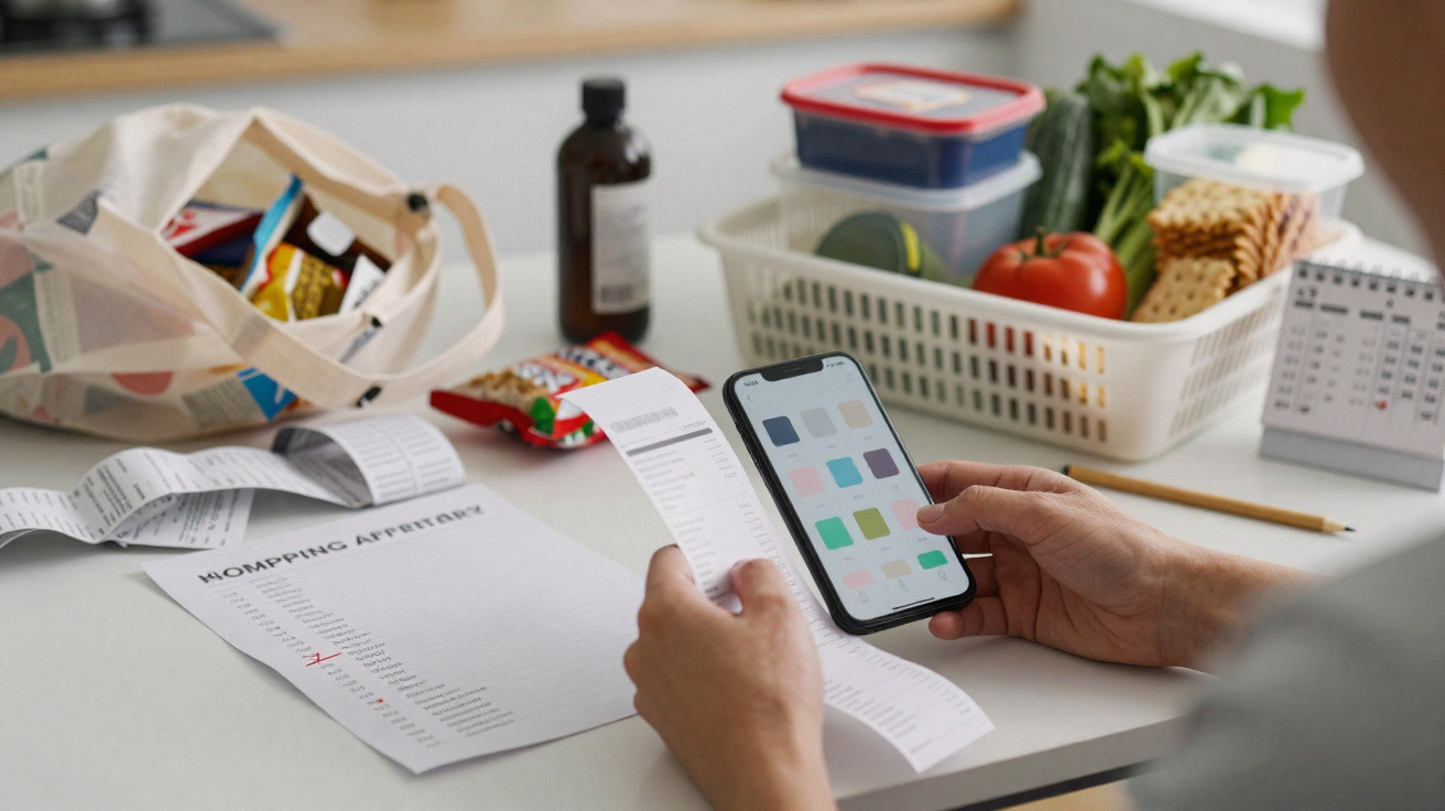 Person checking a grocery receipt and using a smartphone at a kitchen table with groceries and calendar nearby.