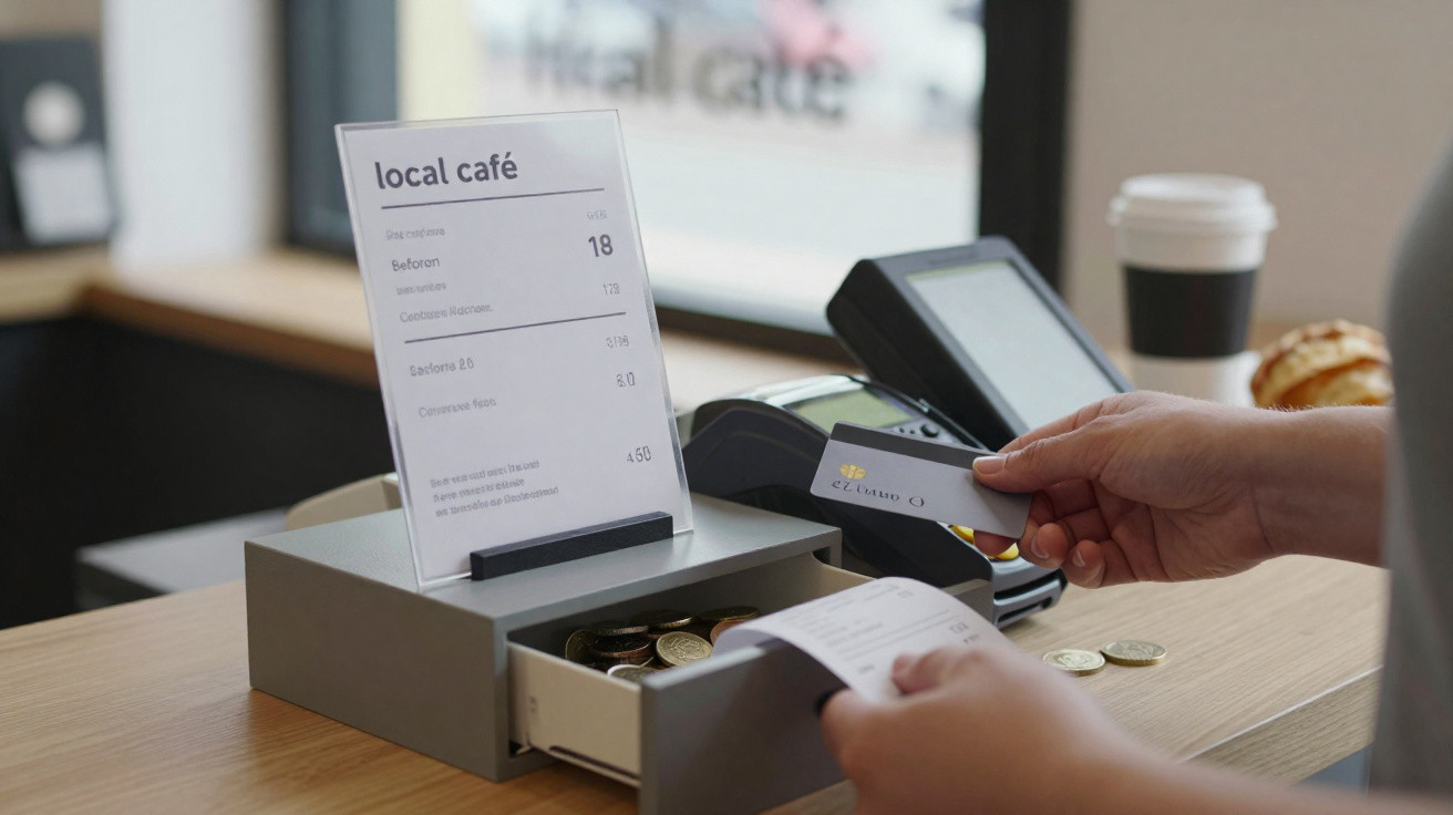 Person paying with a contactless card at a café counter with a receipt and cash drawer open.