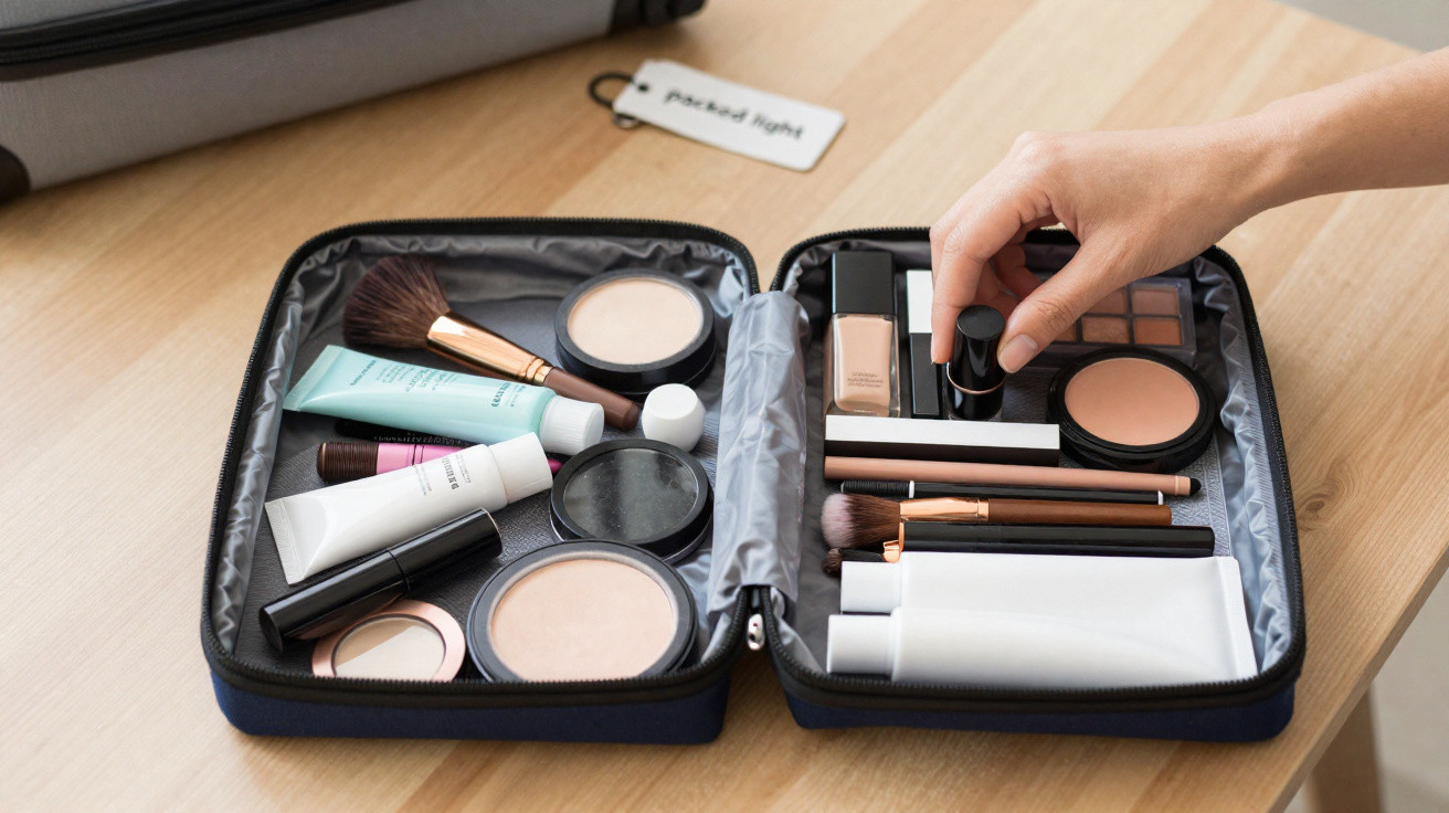 Open makeup case on a table with cosmetics and brushes, a hand reaching for a lipstick.