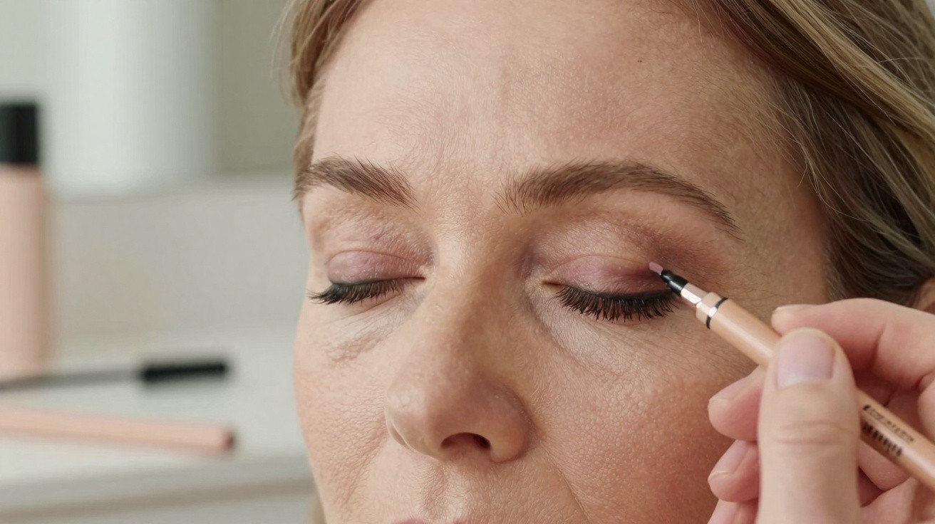 Close-up of a person applying brown eyeliner to their upper eyelid with eyes closed.