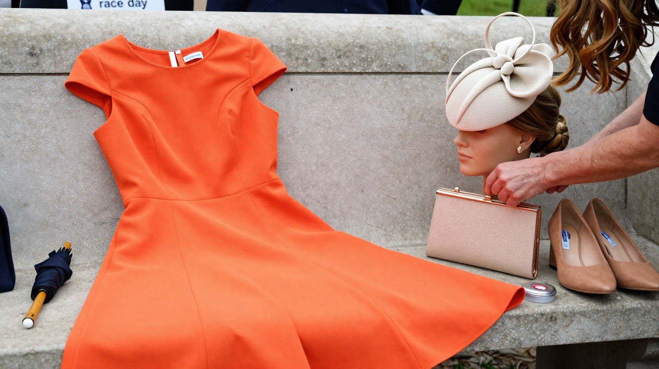Orange dress laid out on stone bench next to beige clutch, shoes, umbrella, and mannequin head with cream fascinator.