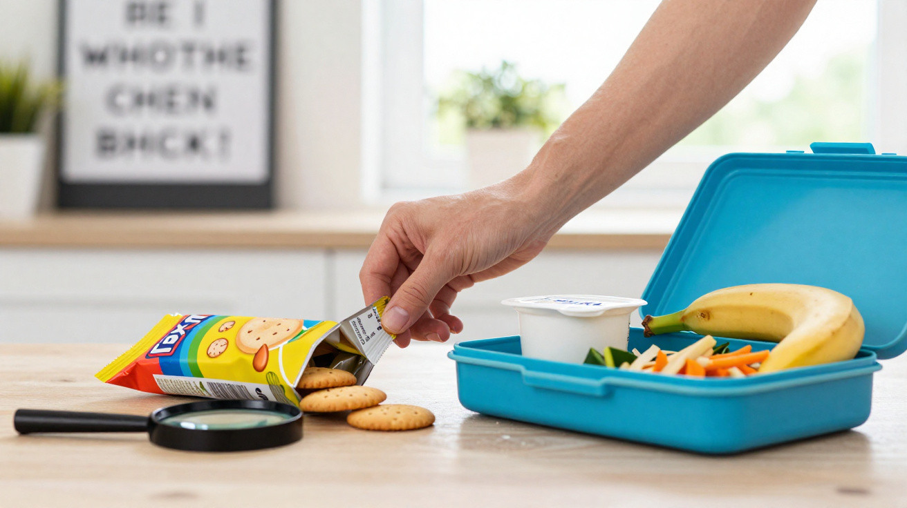 Hand reaching for crackers beside a lunchbox with banana, yoghurt, and chopped vegetables on a kitchen table.