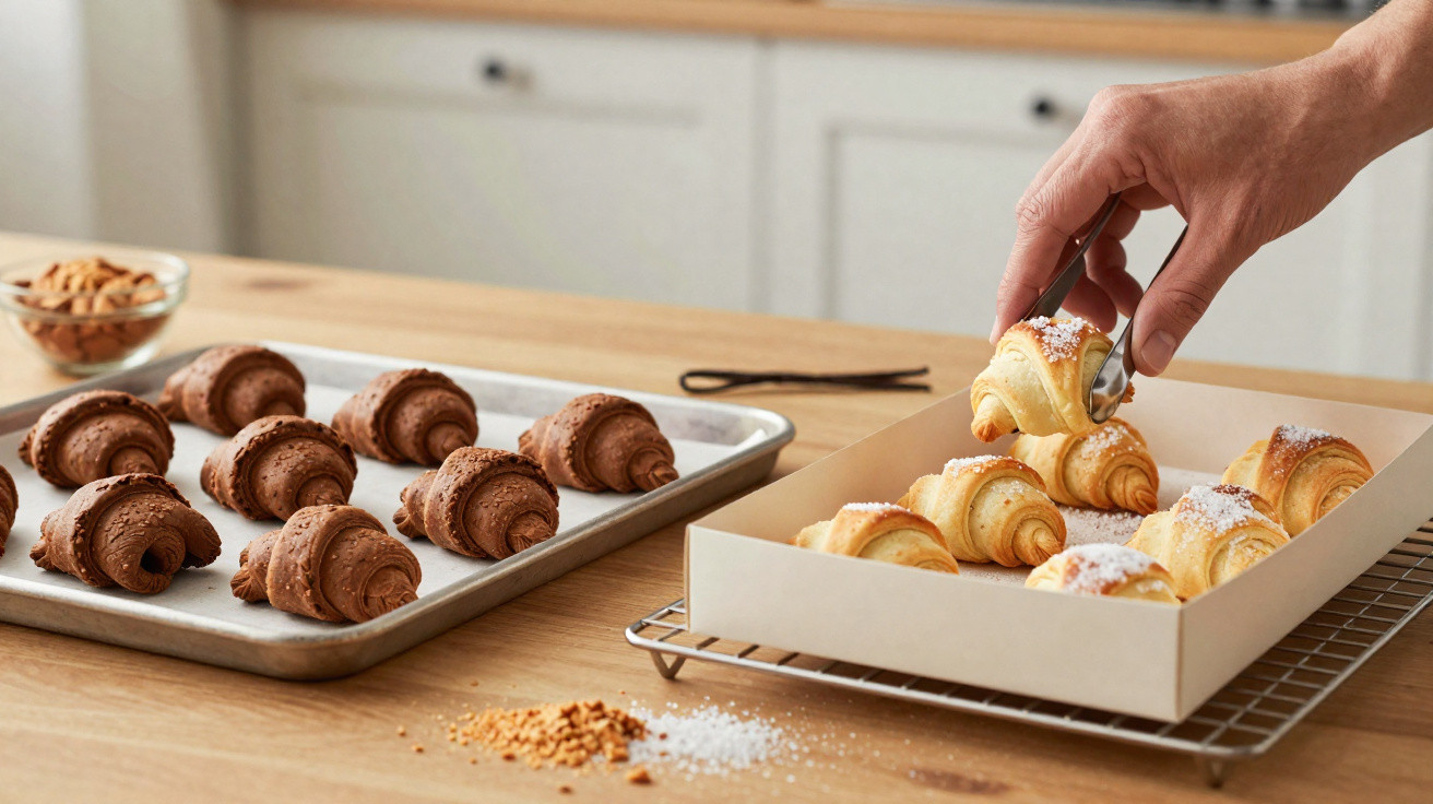 Hand picking a powdered crescent pastry from a box next to a tray of chocolate croissants on a wooden counter.
