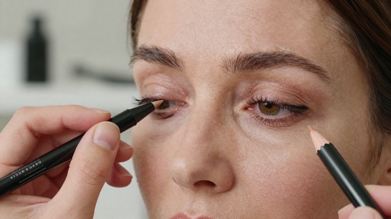 Close-up of a woman applying brown eyeliner pencil to her upper eyelid.