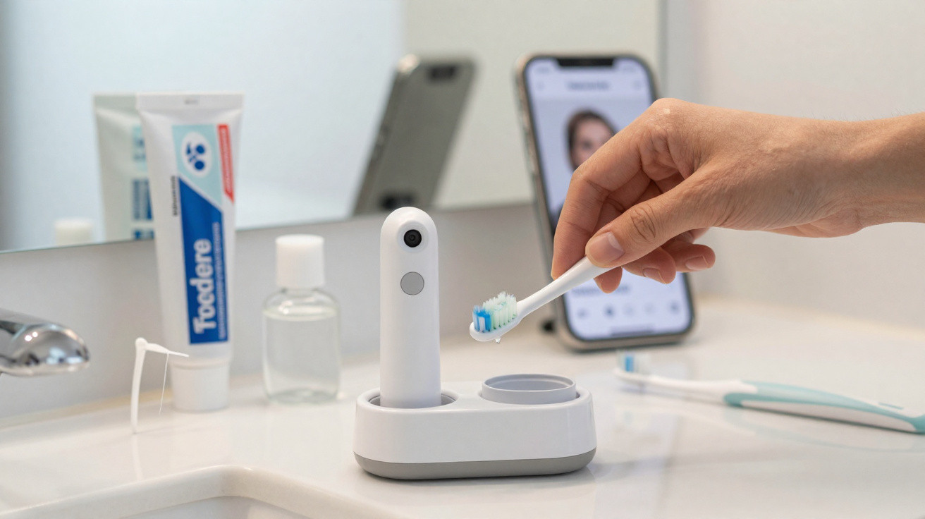 Hand holding a toothbrush near a white toothbrush sanitizer on a bathroom sink countertop with toothpaste and phone in backgr