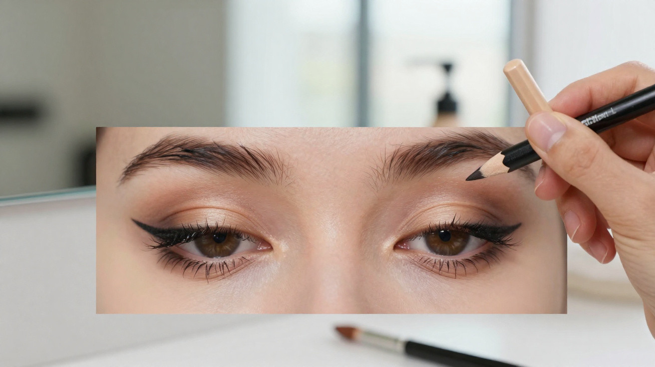 Close-up of a person applying eyebrow pencil to well-groomed eyebrows with winged eyeliner on closed eyes.