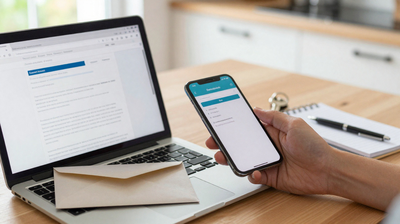 Hand holding smartphone above laptop on wooden desk with envelope, notepad, and pen in home office.