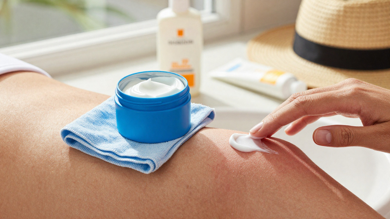 Person applying white cream on sunburned skin with a blue jar of cream on a cloth nearby by a window.