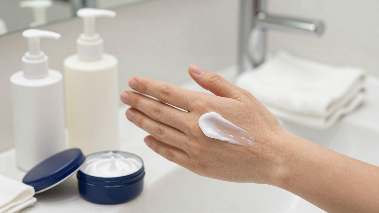 Hand with a dollop of white cream applied on the back, with skincare products and towels in the background.