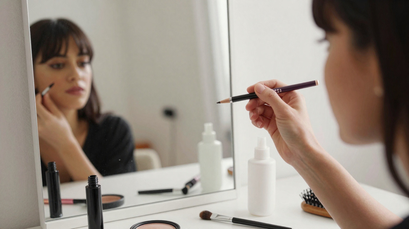 Woman applying makeup with pencil brush in front of a mirror on a white dressing table