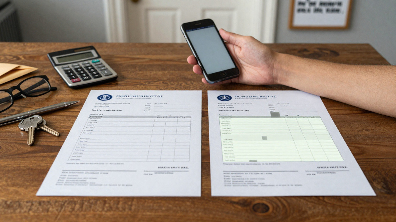 Hand holding smartphone above two printed bills on a wooden table with calculator, glasses, pen, and keys.