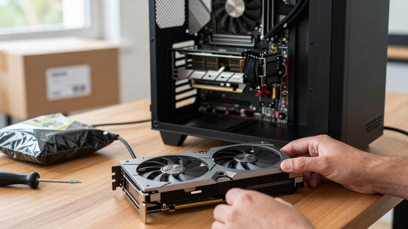 Person installing a dual-fan graphics card into a desktop PC on a wooden table with tools nearby.
