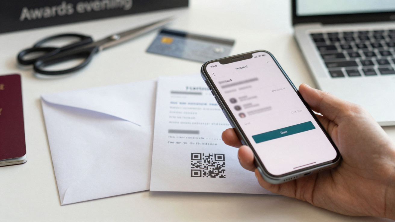 Person holding a smartphone over a QR code on a document with an envelope, passport, and laptop nearby.