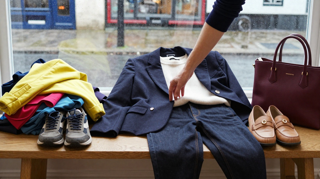 Person arranging a navy blazer, white top, and jeans on a bench with shoes, folded clothes, and a burgundy handbag.