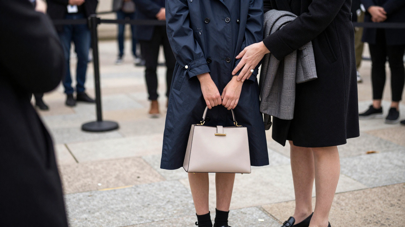 Two people dressed in coats, one holding a cream handbag, standing on a paved area with others in the background.