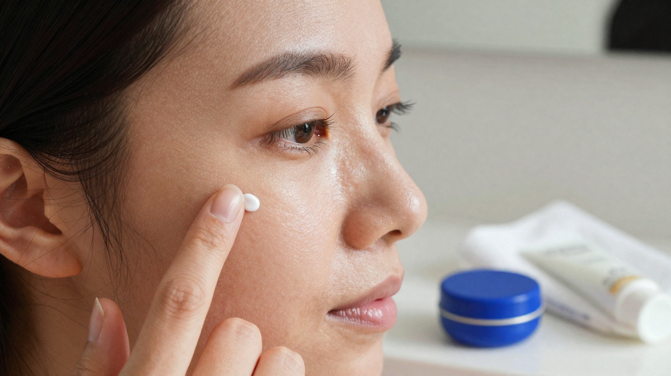 Close-up of a woman applying cream on her cheek with skincare products in the background on a white surface.