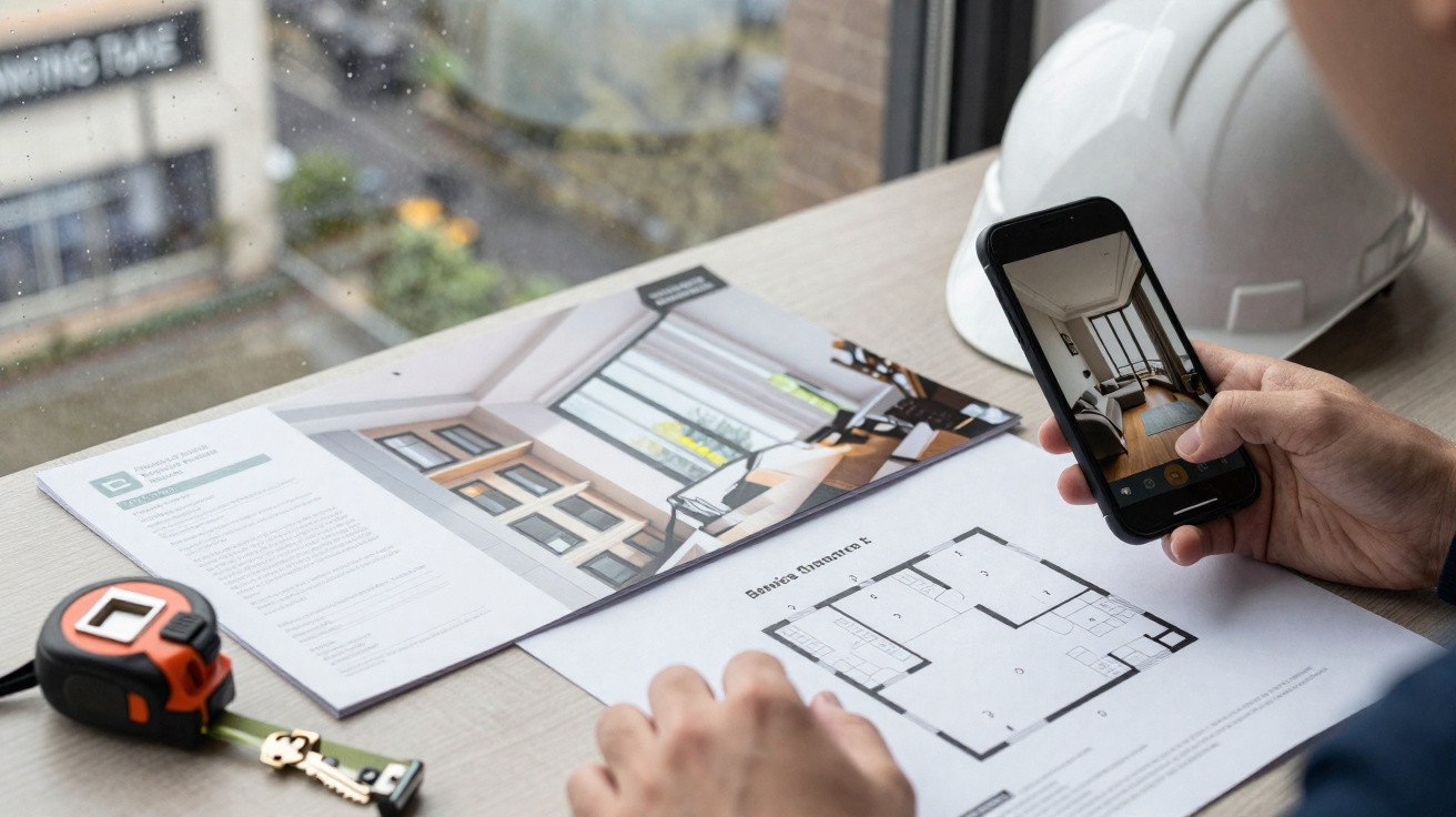Person taking a photo of an interior room on a smartphone with floor plans and building brochure on desk nearby.