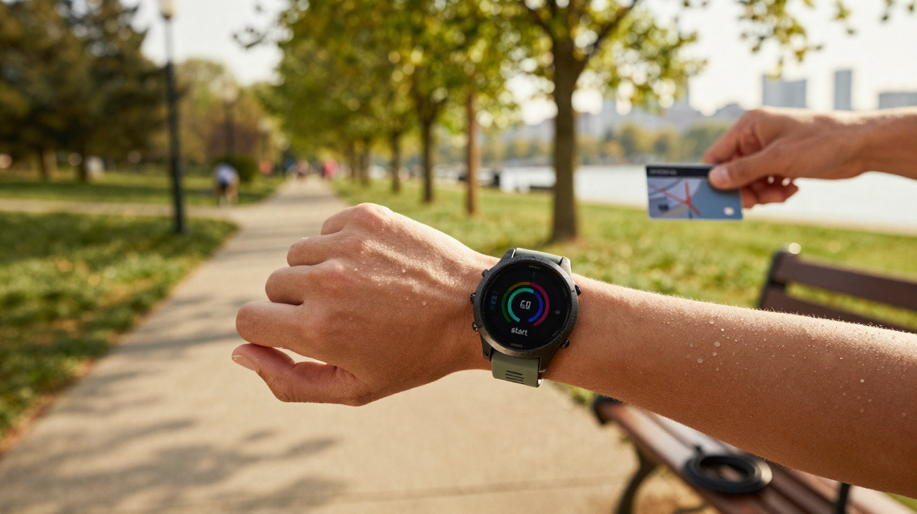 Person wearing a smartwatch with a fitness app open, holding a payment card near the screen in a park pathway.