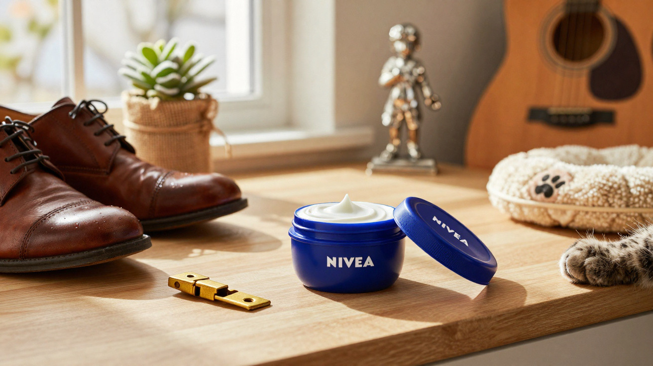 Open container of Nivea cream on wooden table near shoes, succulent plant, guitar, and cat paw.