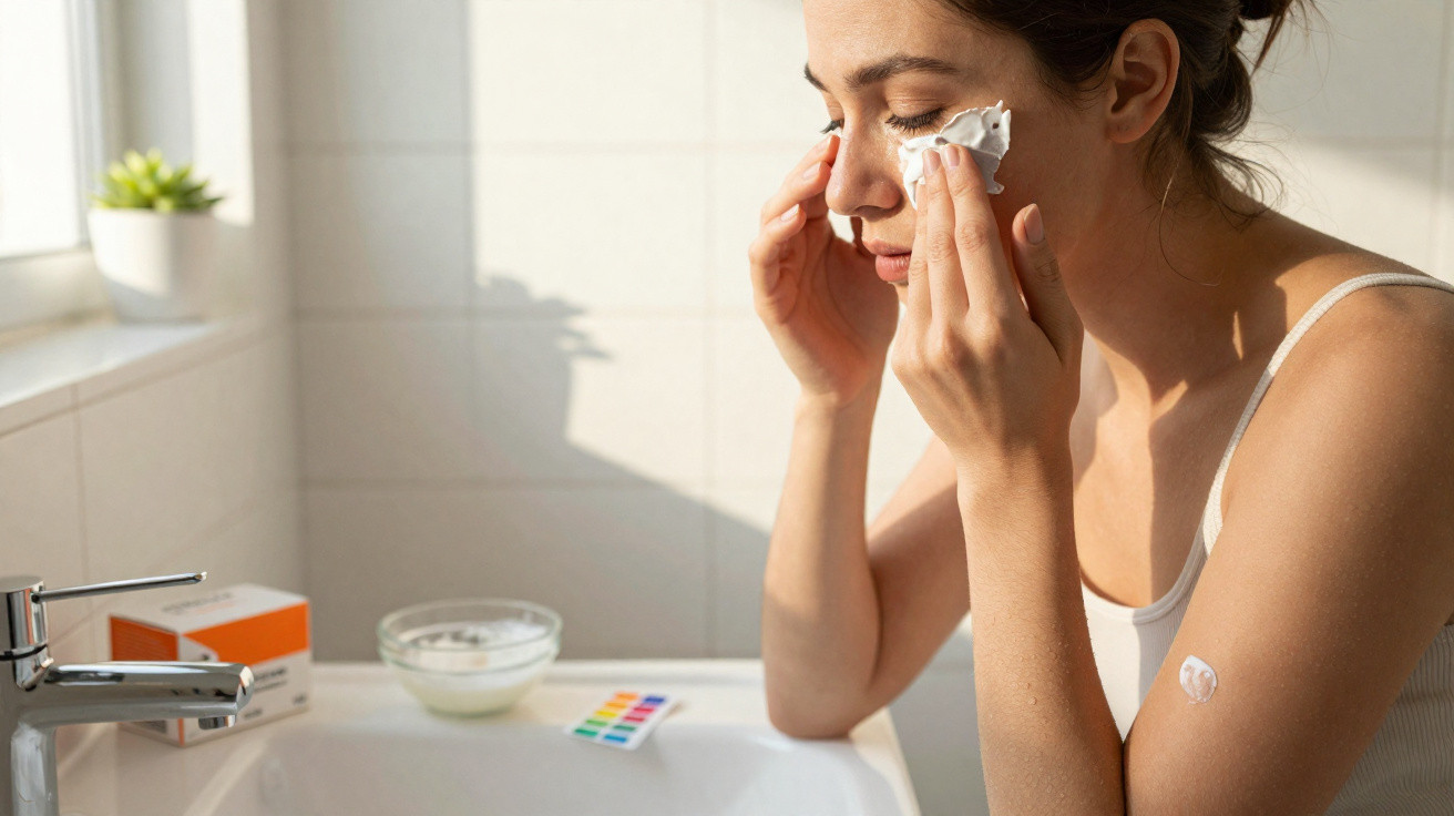 Woman applying cream to her face in a bright bathroom by a sink with skincare products nearby.