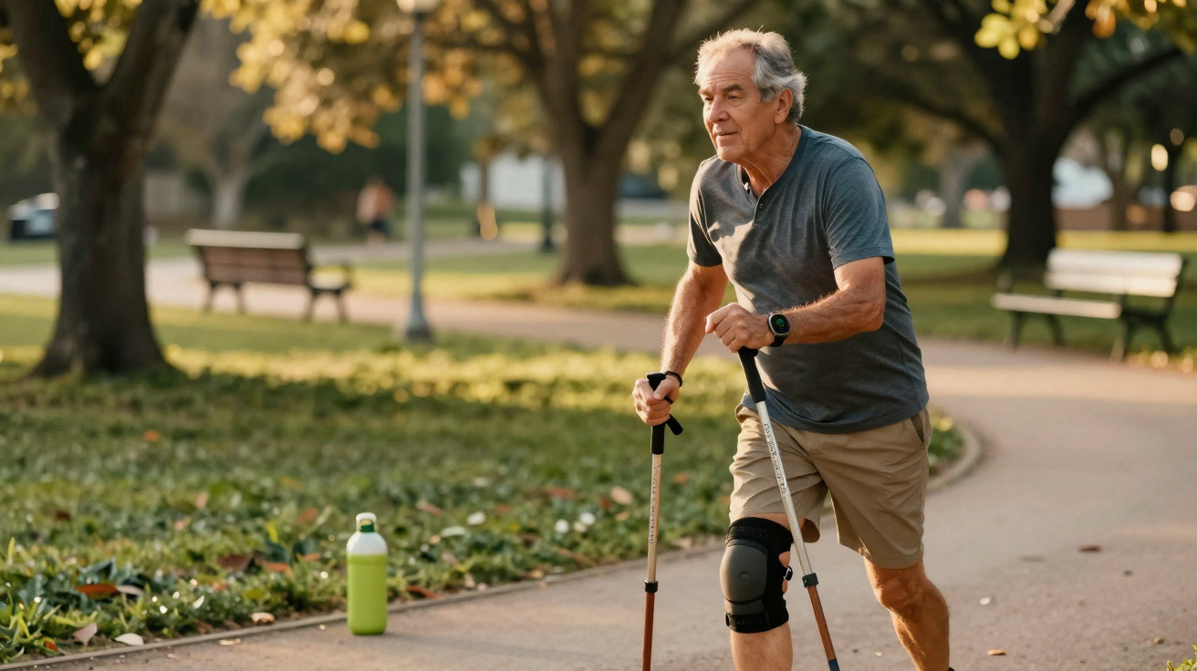 Older man with knee brace exercising with walking poles on a park path during daytime.