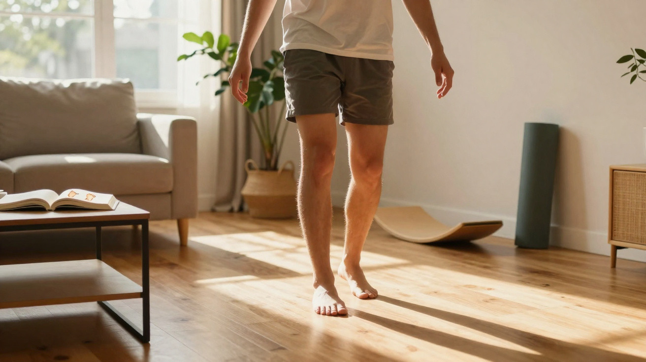 Person walking barefoot on wooden floor in bright living room with sofa and plants in the background.