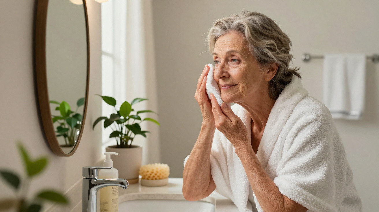 Elderly woman in white bathrobe gently cleansing her face with a cloth in a bright bathroom.
