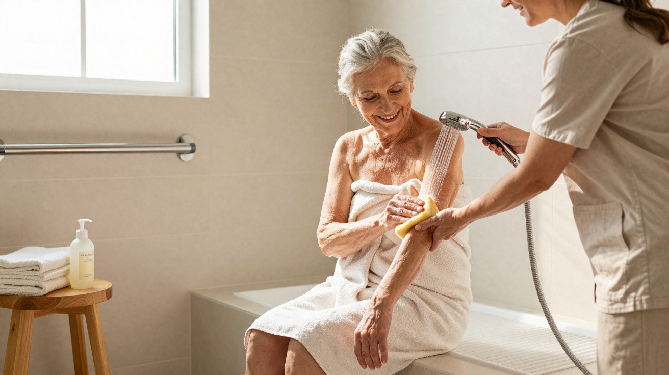Carer helping elderly woman wash her arm with a handheld shower in a bathroom.