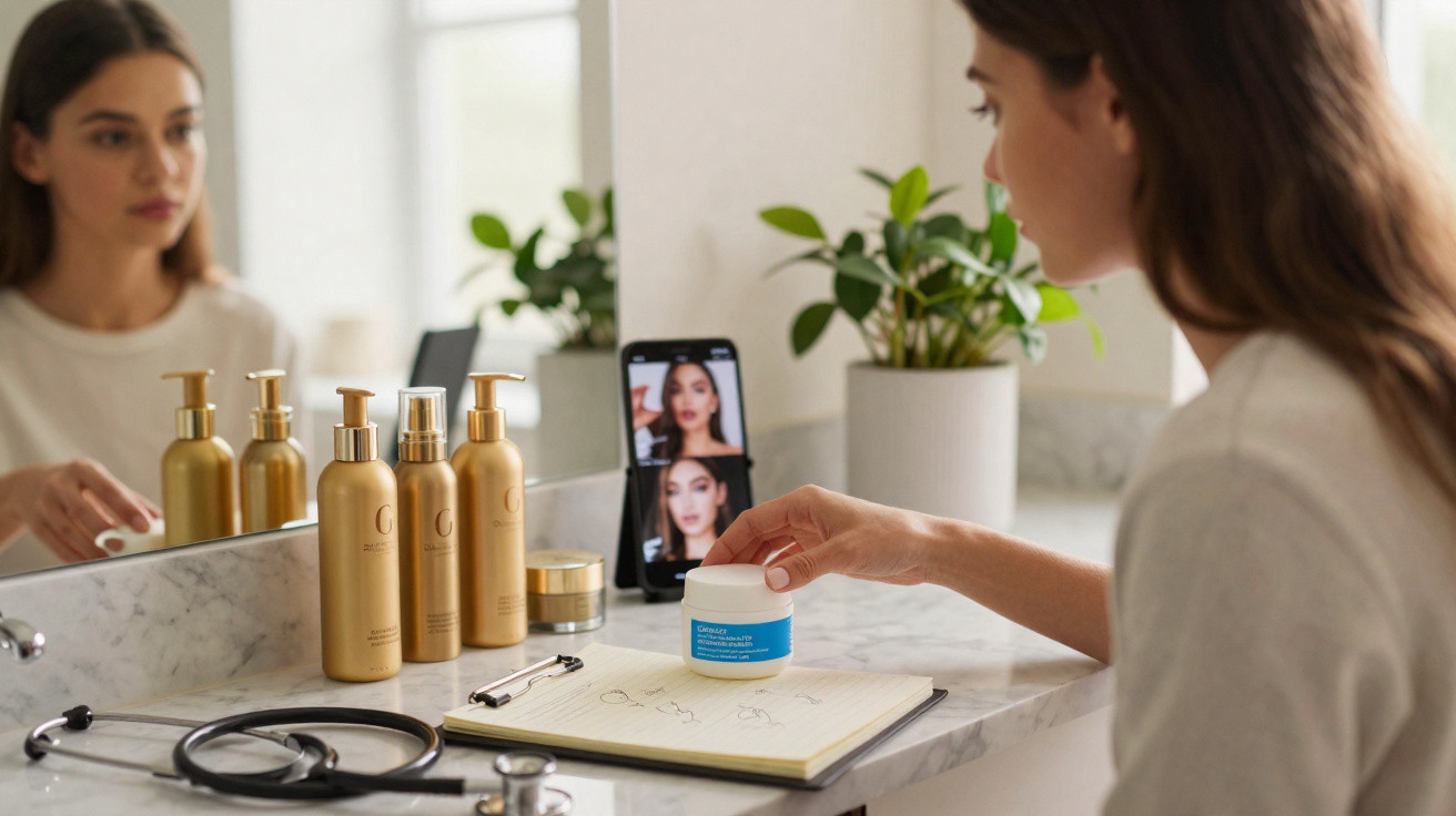 Woman holding a skincare jar at a bathroom counter with skincare products, stethoscope, and phone showing her face.