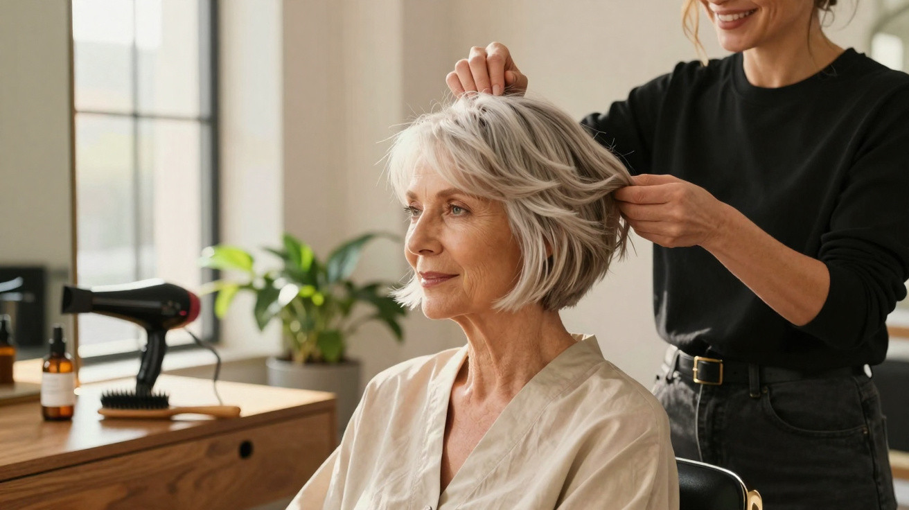 Hairdresser styling an older woman’s short grey hair in a bright salon with plants and equipment nearby