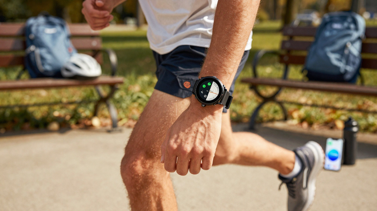 Close-up of a person jogging outdoors wearing a smartwatch tracking fitness activity on their left wrist.