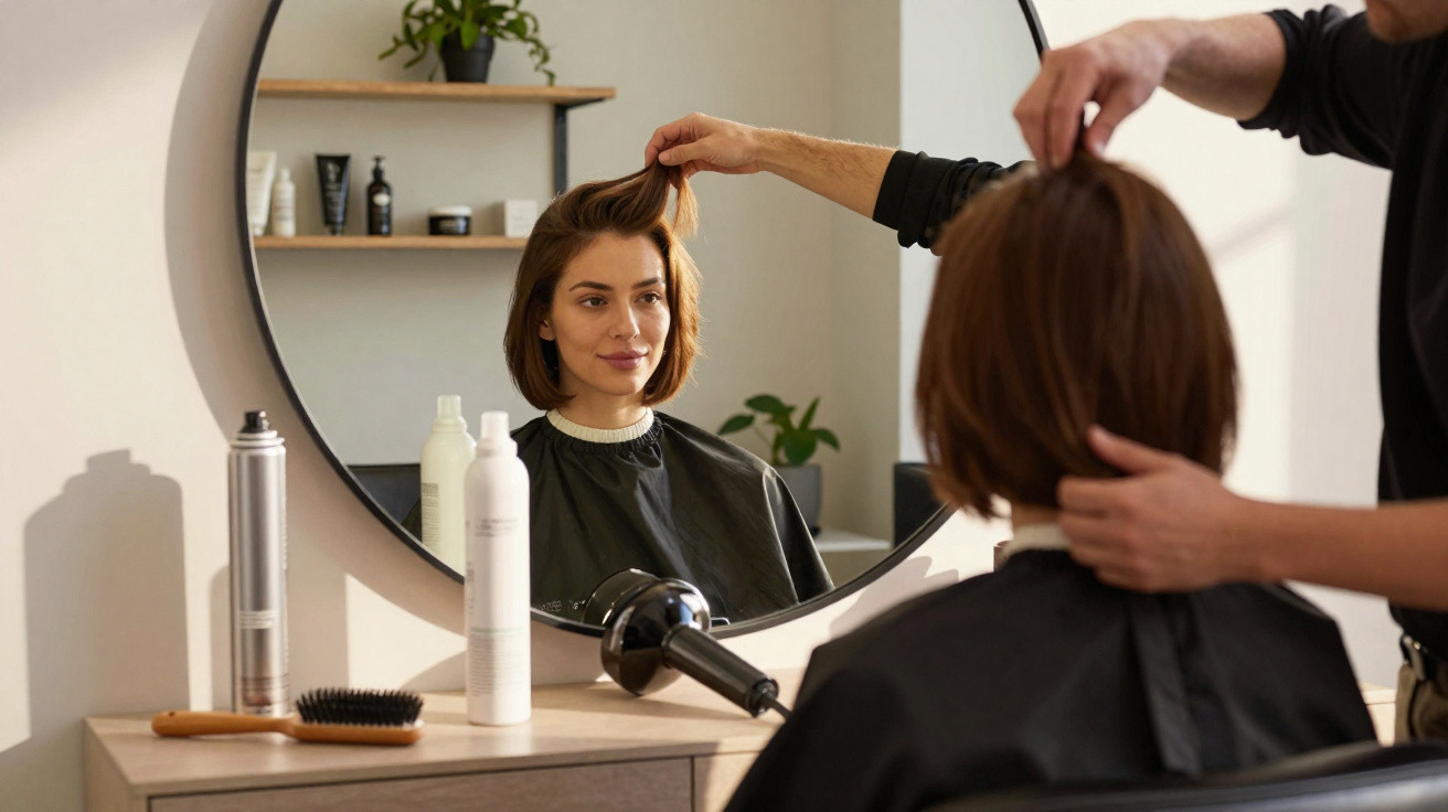 Woman sitting in salon chair having her hair styled by hairdresser reflected in round mirror