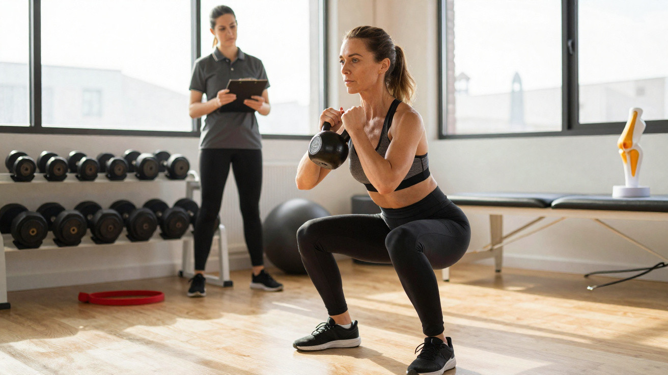 Woman doing kettlebell squats in gym while trainer watches and takes notes on tablet.