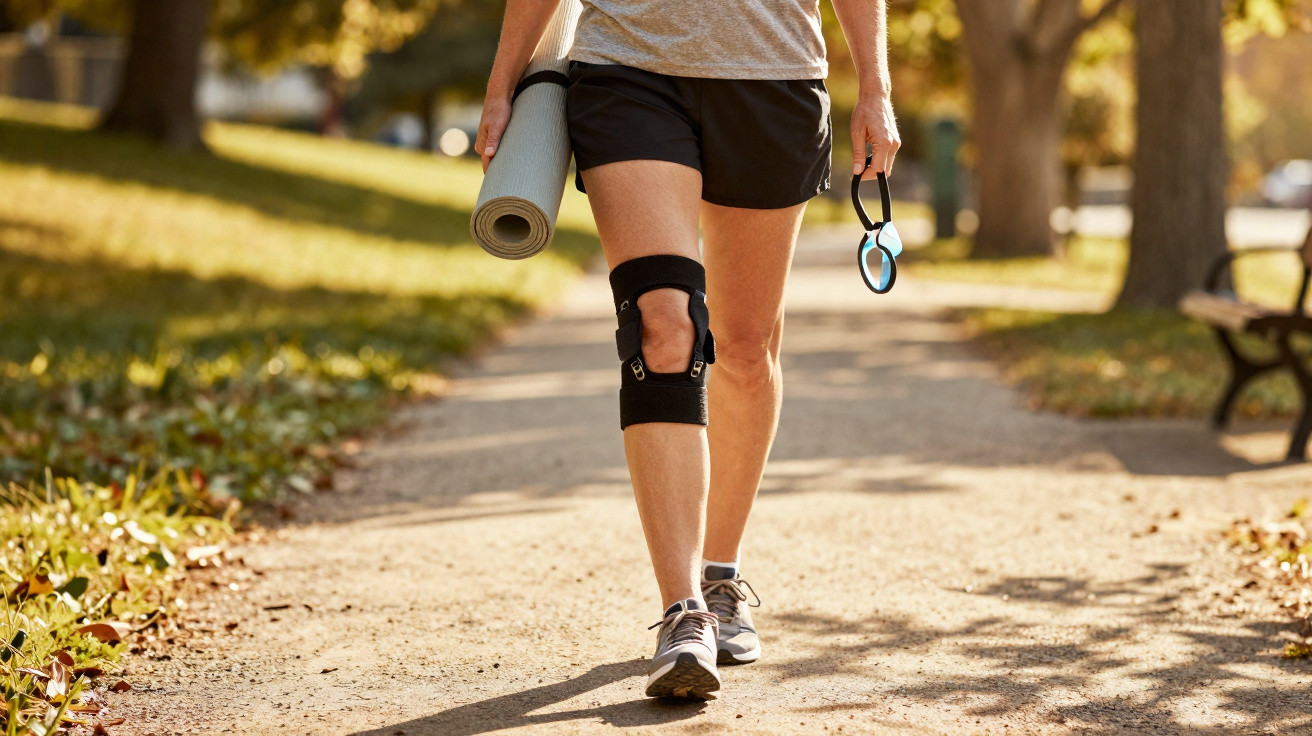 Person wearing a knee brace walking on a sunlit path carrying a yoga mat and water bottle in a park.