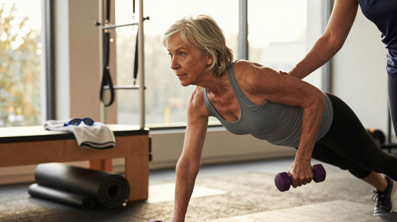 Older woman in gym doing a plank row exercise with purple dumbbells, assisted by a trainer.