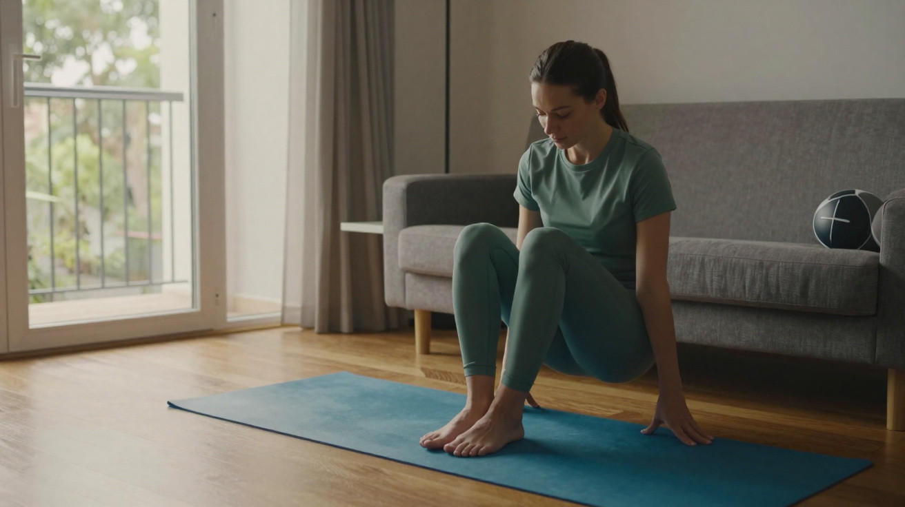 Woman in green activewear sitting on a blue yoga mat in a living room next to a grey sofa.