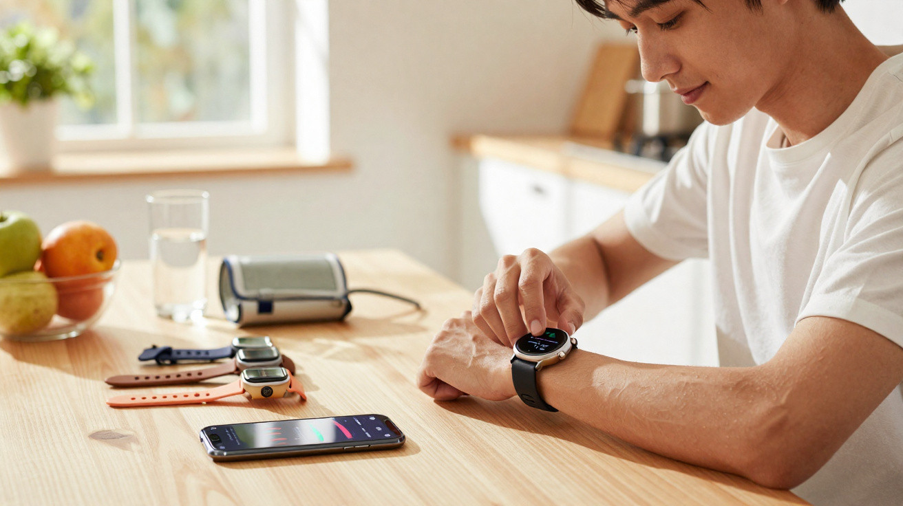 Young man adjusting a smartwatch on his wrist at a wooden kitchen table with phones and smartwatches nearby.