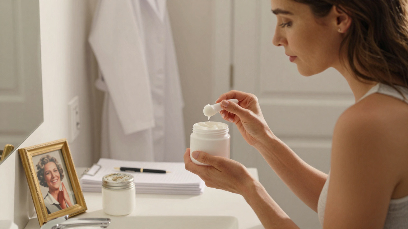 Woman in bathroom scooping cream from a jar with a spatula by the sink and framed photo on the counter.