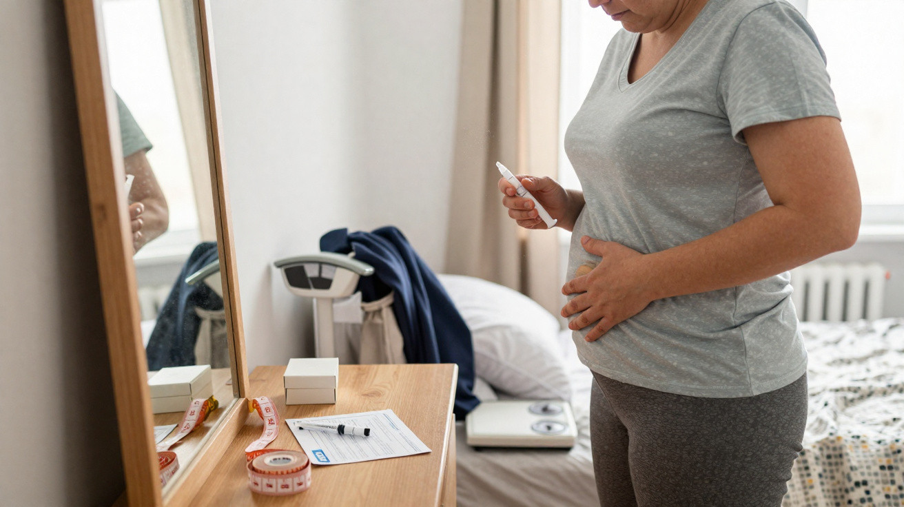 Woman in grey clothes checking pregnancy test while standing in bedroom beside a mirror and measuring tape on dresser