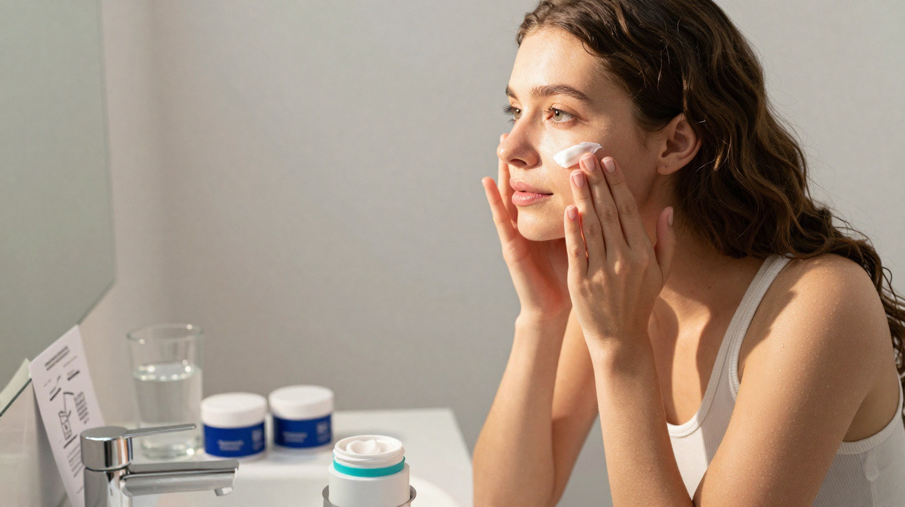 Woman in white vest applying face cream in bathroom with skincare jars and glass of water on sink counter.