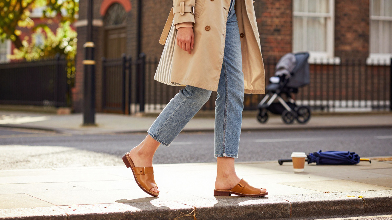 Person in beige trench coat and jeans walking on pavement with baby stroller, coffee cup, and umbrella in background.