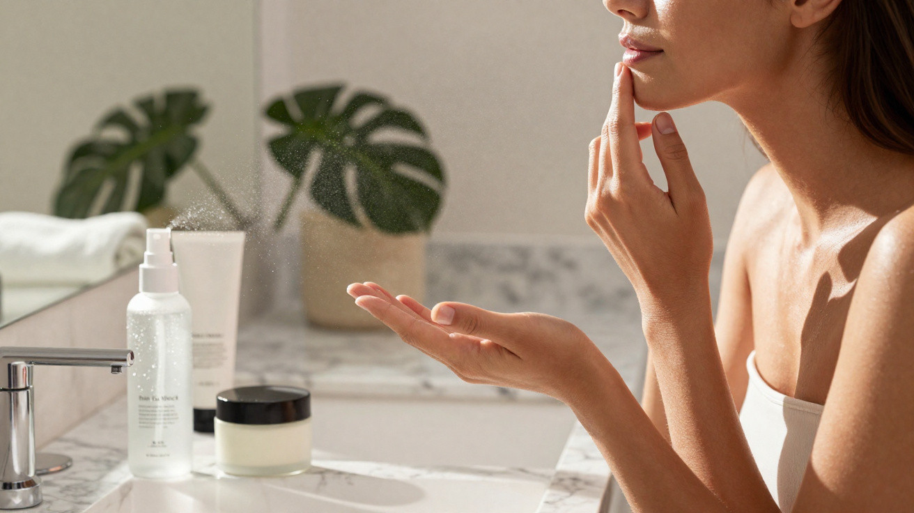 Woman applying skincare serum to her face in a bathroom with beauty products on the counter.